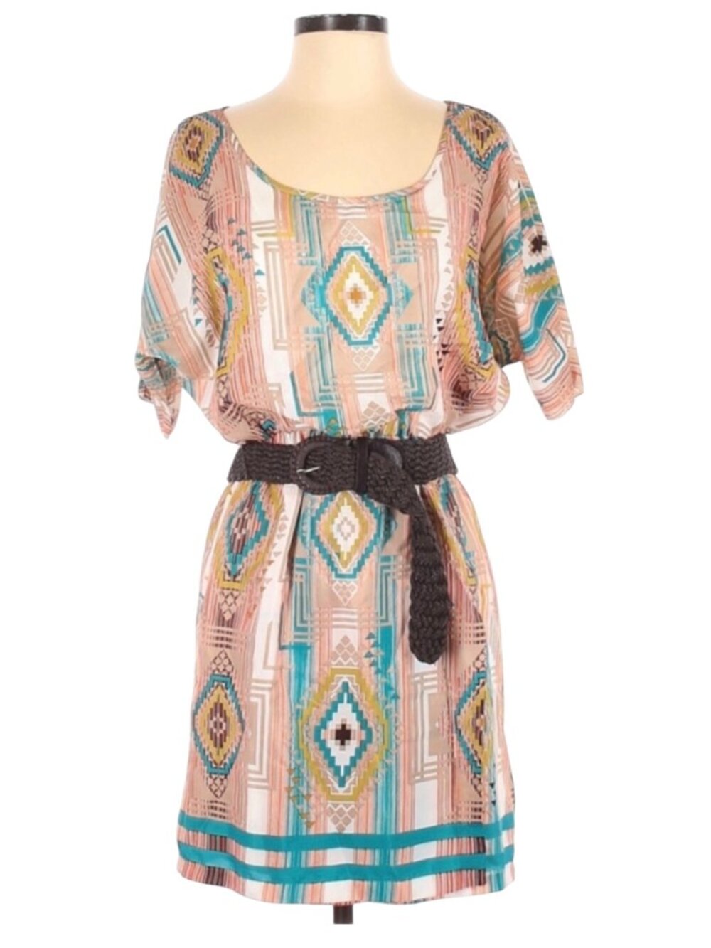 Womens Aztec Print Belted Mini Dress Boho Short Sleeve Geometric Southwestern